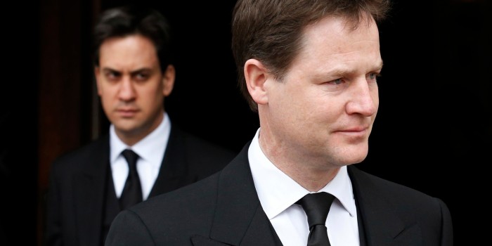Britain's deputy prime minister, Nick Clegg (R), and leader of the opposition Labour party, Ed Miliband, leave after attending the funeral service of former British prime minister Margaret Thatcher at St Paul's Cathedral, in London April 17, 2013. Thatcher, who was Conservative prime minister between 1979 and 1990, died on April 8 at the age of 87.  REUTERS/Olivia Harris (BRITAIN - Tags: POLITICS RELIGION OBITUARY SOCIETY)